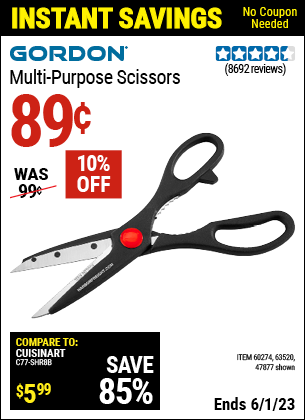 Buy the GORDON Multipurpose Scissors (Item 47877/60274/63520) for $0.89, valid through 6/1/2023.