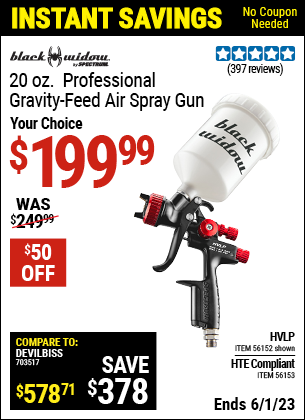 Buy the BLACK WIDOW 20 Oz. Professional HVLP Gravity Feed Air Spray Gun (Item 56152/56153) for $199.99, valid through 6/1/2023.