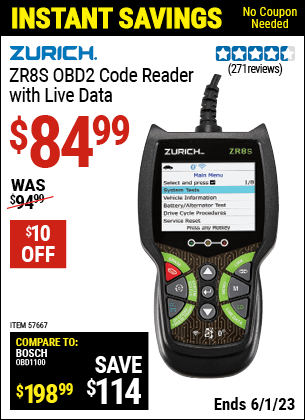 Buy the ZURICH ZR8S OBD2 Code Reader with Live Data (Item 57667) for $84.99, valid through 6/1/2023.