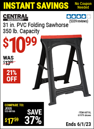 Buy the CENTRAL MACHINERY Foldable Sawhorse (Item 61979/60710) for $10.99, valid through 6/1/2023.