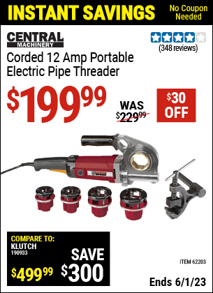Buy the CENTRAL MACHINERY Portable Electric Pipe Threader (Item 62203) for $199.99, valid through 6/1/2023.