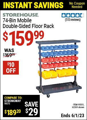 Buy the STOREHOUSE 74 Bin Mobile Double-Sided Floor Rack (Item 62269/95551) for $159.99, valid through 6/1/2023.