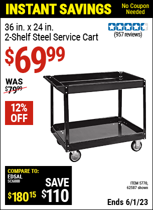 Buy the 24 In. x 36 In. Two Shelf Steel Service Cart (Item 62587/5770) for $69.99, valid through 6/1/2023.