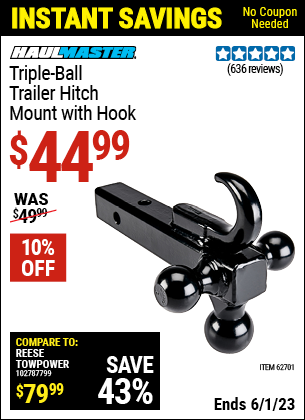 Buy the HAUL-MASTER Triple Ball Trailer Hitch Mount with Hook (Item 62701) for $44.99, valid through 6/1/2023.