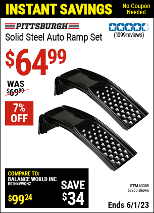 Buy the PITTSBURGH AUTOMOTIVE Solid Steel Auto Ramp Set (Item 63250/63305) for $64.99, valid through 6/1/2023.