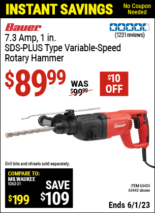 Buy the BAUER 1 in. SDS Variable Speed Pro Rotary Hammer Kit (Item 63443/63433) for $89.99, valid through 6/1/2023.