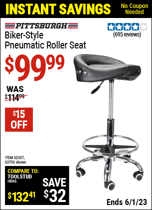Buy the PITTSBURGH AUTOMOTIVE Biker-Style Pneumatic Roller Seat (Item 63756/62357) for $99.99, valid through 6/1/2023.