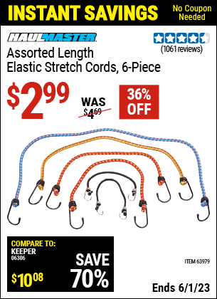 Buy the HAUL-MASTER Assorted Length Elastic Stretch Cords 6 Pc. (Item 63979) for $2.99, valid through 6/1/2023.