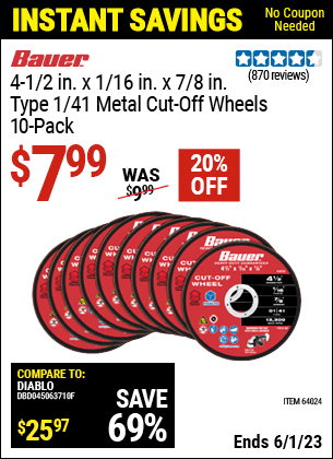 Buy the BAUER 4-1/2 in. x 1/16 in. x 7/8 in. Type 1/41 Metal Cut-off Wheel 10 Pk. (Item 64024) for $7.99, valid through 6/1/2023.