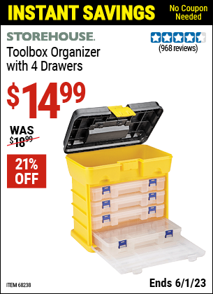 Buy the STOREHOUSE Toolbox Organizer with 4 Drawers (Item 68238) for $14.99, valid through 6/1/2023.