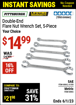Buy the PITTSBURGH SAE Double-End Flare Nut Wrench Set 5 Pc. (Item 68865/61358/68866) for $14.99, valid through 6/1/2023.