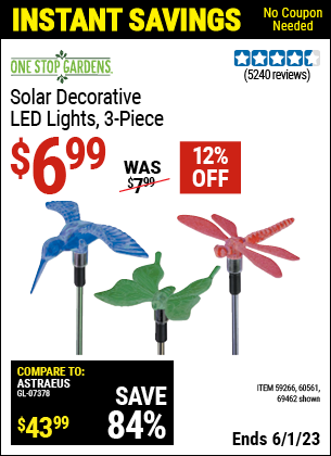 Buy the ONE STOP GARDENS Solar Decorative LED Lights (Item 69462/60561/59266) for $6.99, valid through 6/1/2023.