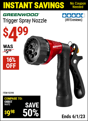 Buy the GREENWOOD Trigger Spray Nozzle (Item 92398) for $4.99, valid through 6/1/2023.