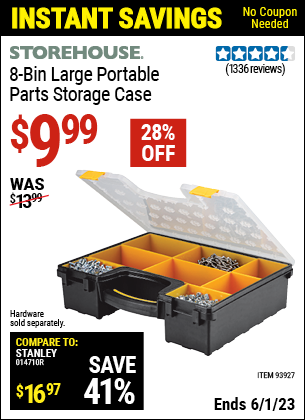 Buy the STOREHOUSE 8 Bin Large Portable Parts Storage Case (Item 93927) for $9.99, valid through 6/1/2023.