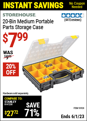 Buy the STOREHOUSE 20 Bin Medium Portable Parts Storage Case (Item 93928) for $7.99, valid through 6/1/2023.