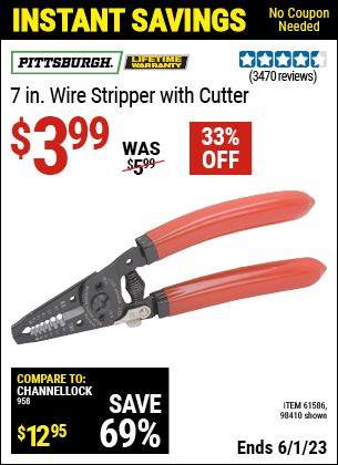 Buy the PITTSBURGH 7 in. Wire Stripper with Cutter (Item 98410/61586) for $3.99, valid through 6/1/2023.