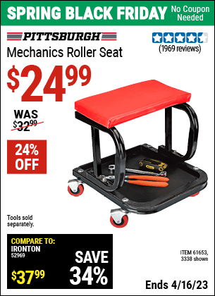 Buy the PITTSBURGH AUTOMOTIVE Mechanic's Roller Seat (Item 03338/61653) for $24.99, valid through 4/16/2023.