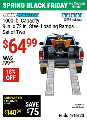 Buy the HAUL-MASTER 1000 lb. Capacity 9 in. x 72 in. Steel Loading Ramps Set of Two (Item 44649/69646) for $64.99, valid through 4/16/2023.