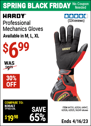 Buy the HARDY Professional Mechanic's Gloves Large (Item 56249/62525/64731/62524/64947/62526) for $6.99, valid through 4/16/2023.