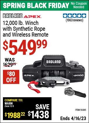 Buy the BADLAND APEX Synthetic 12000 Lb. Wireless Winch (Item 56385) for $549.99, valid through 4/16/2023.