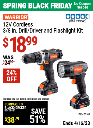 Buy the WARRIOR 12v Lithium-Ion 3/8 In. Cordless Drill/Driver And Flashlight Kit (Item 57383) for $18.99, valid through 4/16/2023.