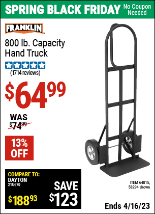 Buy the FRANKLIN 800 lb. Capacity Hand Truck (Item 58294/64815) for $64.99, valid through 4/16/2023.