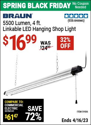 Buy the BRAUN 5500 Lumen 4 ft. Linkable LED Hanging Shop Light (Item 59506) for $16.99, valid through 4/16/2023.