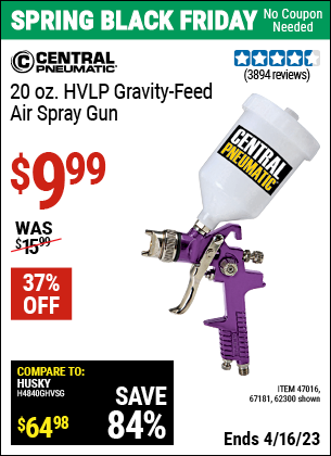 Buy the CENTRAL PNEUMATIC 20 oz. HVLP Gravity Feed Air Spray Gun (Item 62300/47016/67181) for $9.99, valid through 4/16/2023.