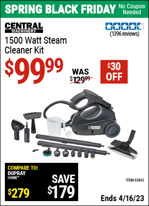 Buy the CENTRAL MACHINERY 1500 Watt Steam Cleaner Kit (Item 63042) for $99.99, valid through 4/16/2023.