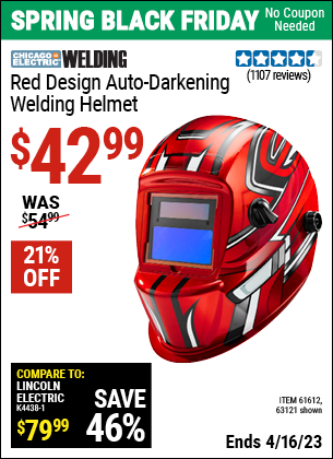 Buy the CHICAGO ELECTRIC Red Design Auto Darkening Welding Helmet (Item 63121/61612) for $42.99, valid through 4/16/2023.