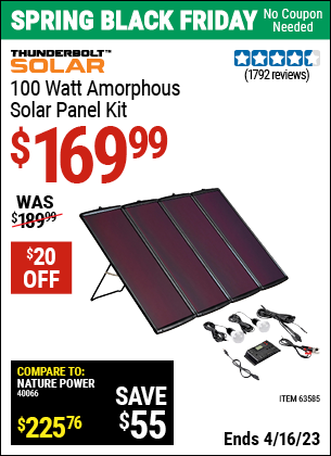 Buy the THUNDERBOLT MAGNUM SOLAR 100 Watt Solar Panel Kit (Item 63585) for $169.99, valid through 4/16/2023.