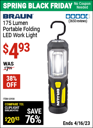 Buy the BRAUN Portable Folding LED Work Light (Item 63930) for $4.93, valid through 4/16/2023.