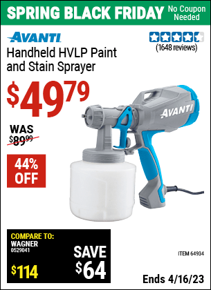 Buy the AVANTI Handheld HVLP Paint & Stain Sprayer (Item 64934) for $49.79, valid through 4/16/2023.