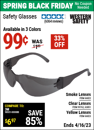 Buy the WESTERN SAFETY Safety Glasses with Smoke Lenses (Item 66822/66823/99762/63851) for $0.99, valid through 4/16/2023.