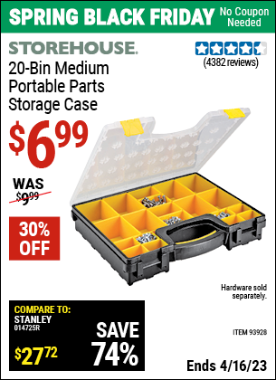 Buy the STOREHOUSE 20 Bin Medium Portable Parts Storage Case (Item 93928) for $6.99, valid through 4/16/2023.