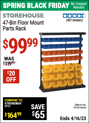 Buy the STOREHOUSE 47 Bin Floor Mount Parts Rack (Item 95736/61166) for $99.99, valid through 4/16/2023.