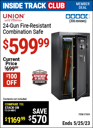 Inside Track Club members can buy the UNION SAFE COMPANY 24 Gun Fire Resistant Combination Safe (Item 57039) for $599.99, valid through 5/25/2023.