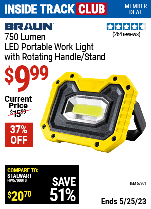Spookachtig taxi Spin BRAUN 750 Lumen Portable Work Light With Rotating Handle/Stand for $9.99 –  Harbor Freight Coupons