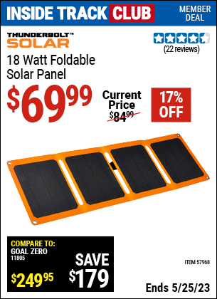 Inside Track Club members can buy the THUNDERBOLT 18 Watt Foldable Solar Panel (Item 57968) for $69.99, valid through 5/25/2023.