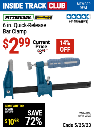 PITTSBURGH 6 in. Quick Release Bar Clamp for $2.99 – Harbor Freight Coupons