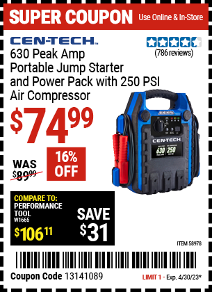 Buy the CEN-TECH 630 Peak Amp Portable Jump Starter and Power Pack with 250 PSI Air Compressor (Item 58978) for $74.99, valid through 4/30/2023.