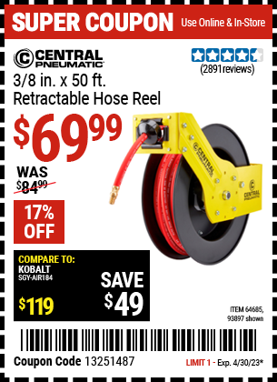 Buy the CENTRAL PNEUMATIC 3/8 In. X 50 Ft. Retractable Hose Reel (Item 93897/64685) for $69.99, valid through 4/30/2023.