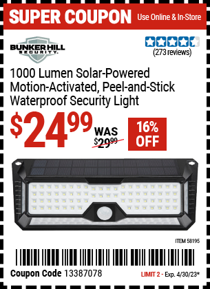 Buy the BUNKER HILL SECURITY 1000 Lumen Wall Mount Peel-And-Stick Security Light (Item 58195) for $24.99, valid through 4/30/2023.