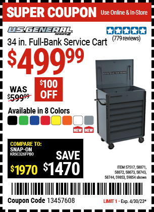Buy the U.S. GENERAL 34 in. Full Bank Service Cart (Item 57517) for $499.99, valid through 4/30/2023.