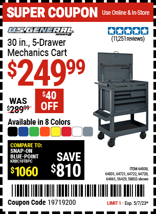 U.S. GENERAL Series 2 30 In. 5 Drawer Mechanic’s Cart for $249.99 ...