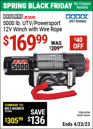 Buy the BADLAND 5000 Lb. UTV/Powersport 12V Winch (Item 56326/56530) for $169.99, valid through 4/23/2023.