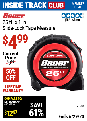 BAUER 25 ft. Slide-Lock Tape Measure for $4.99 – Harbor Freight Coupons