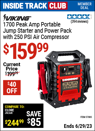 Inside Track Club members can buy the VIKING 1700 Peak Amp Portable Jump Starter And Power Pack With 250 PSI Air Compressor (Item 57085) for $159.99, valid through 6/29/2023.
