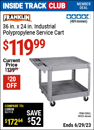 Inside Track Club members can buy the FRANKLIN 36 in. x 24 in. Polypropylene Industrial Service Cart (Item 58323/92862) for $119.99, valid through 6/29/2023.
