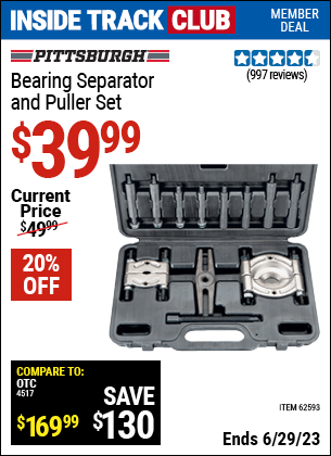 Inside Track Club members can buy the PITTSBURGH AUTOMOTIVE Bearing Separator and Puller Set (Item 62593) for $39.99, valid through 6/29/2023.